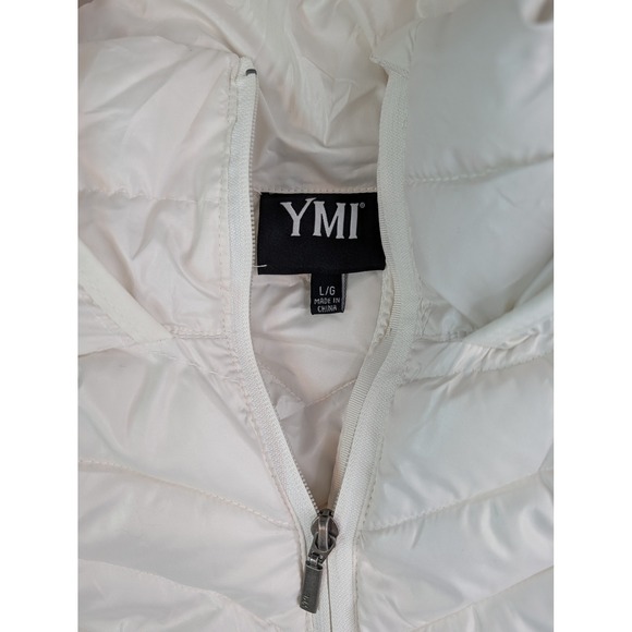 YMI Womens Off White Chevron Quilted Hooded Puffer Jacket J633 Large - Picture 2 of 9